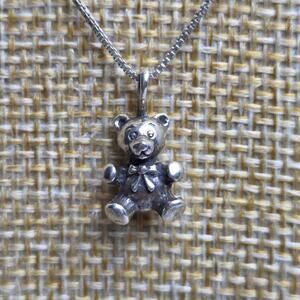 Sterling Silver .925 17" Box Chain Necklace w/ Teddy Bear Animal Pendant Charm